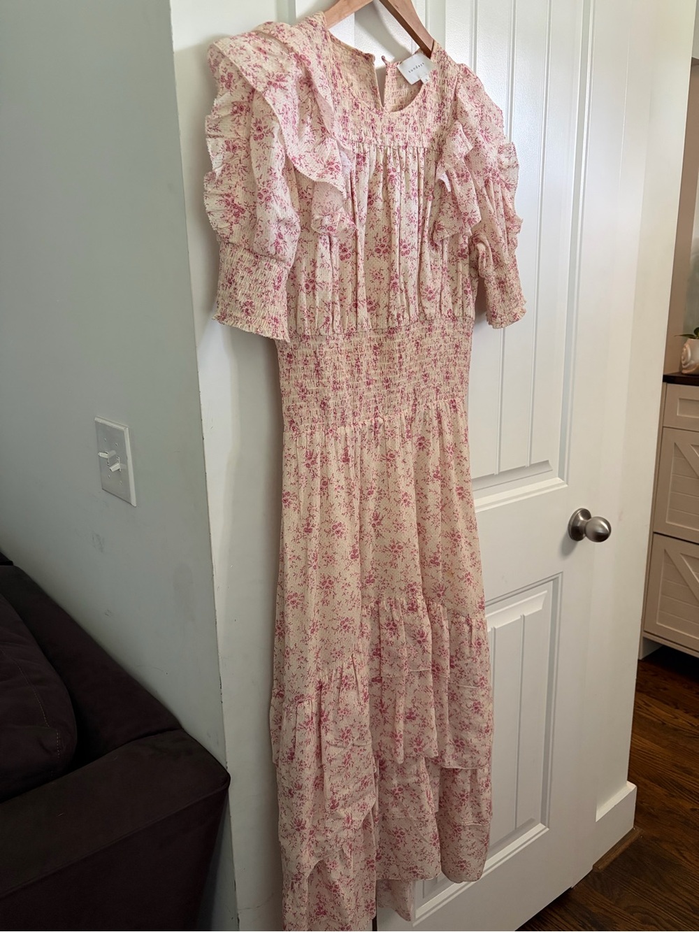 Sundays Pink Floral Smocked Ruffle Tiered Maxi Dress S